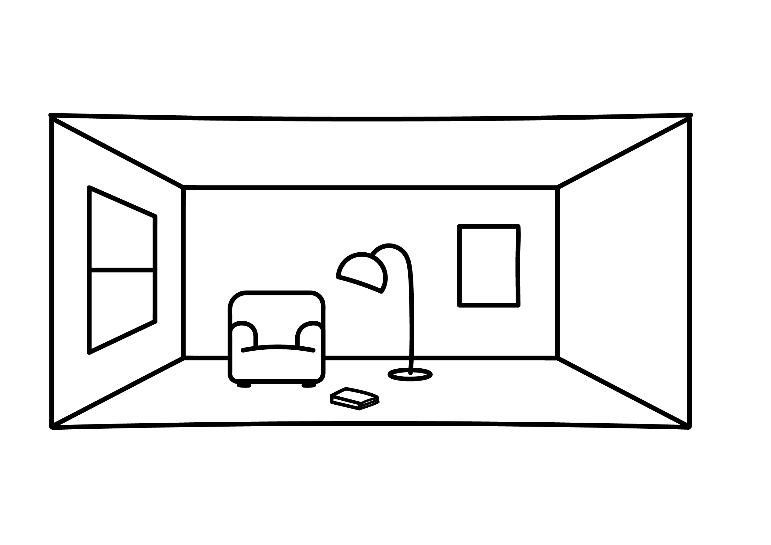 A simple line drawing of a room with a window, armchair, floor lamp, framed picture, and a book on the floor.