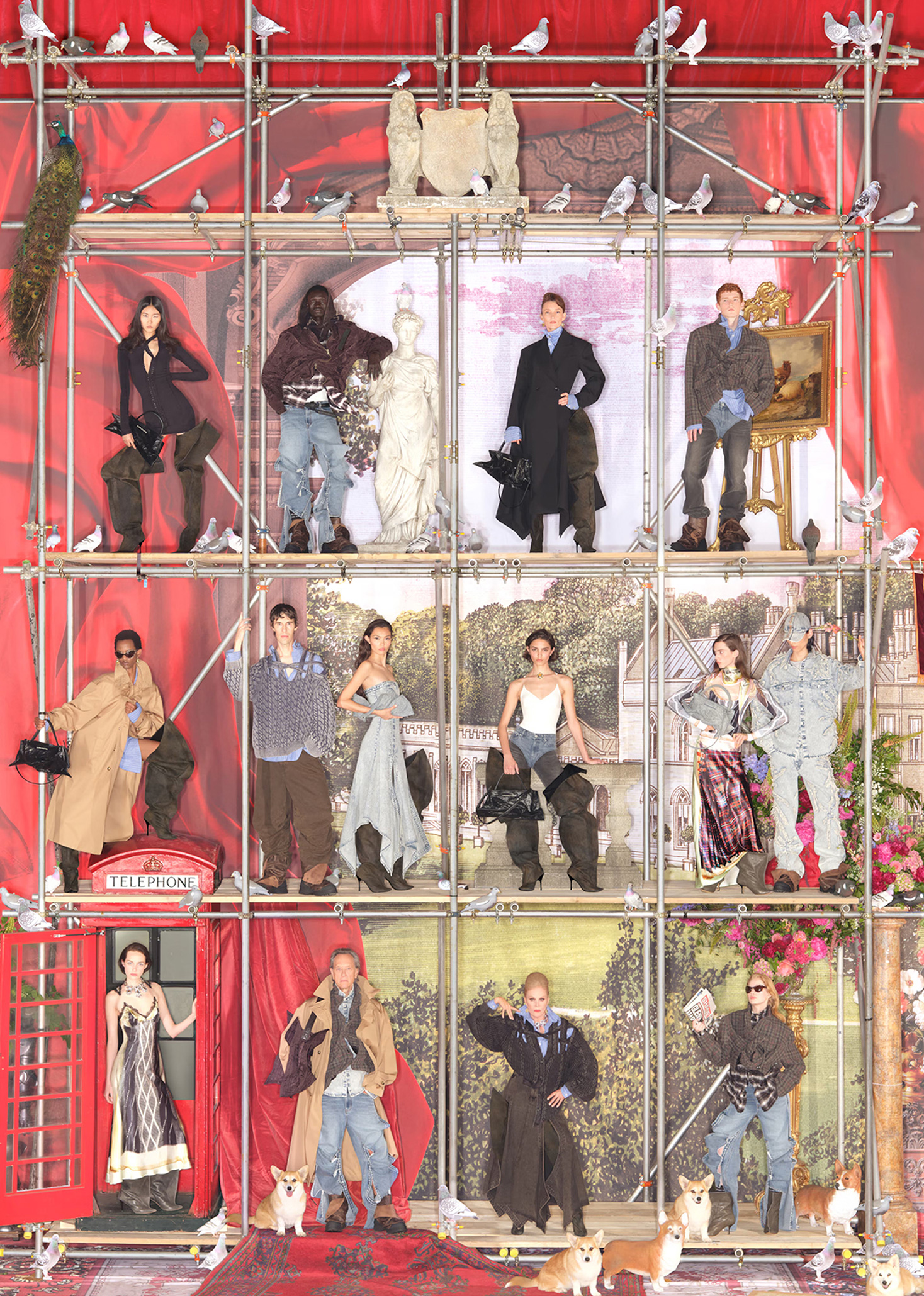 Autumn 2025 H&M Glenn Martens campaign, featuring Joanna Lumley, Richard E. Grant and some curious pigeons.